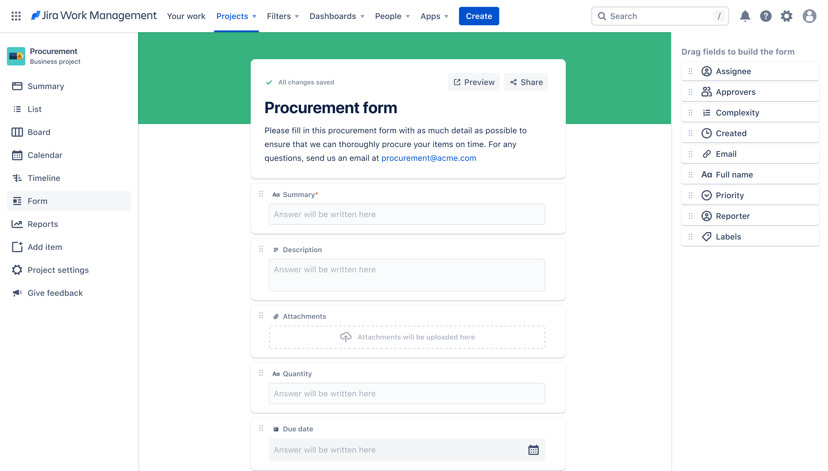 Jira Work Management 上的采购表单